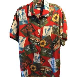 Lizwear Men’s M Red Photo Print Short Sleeve Button Down Rayon Hawaiian Shirt